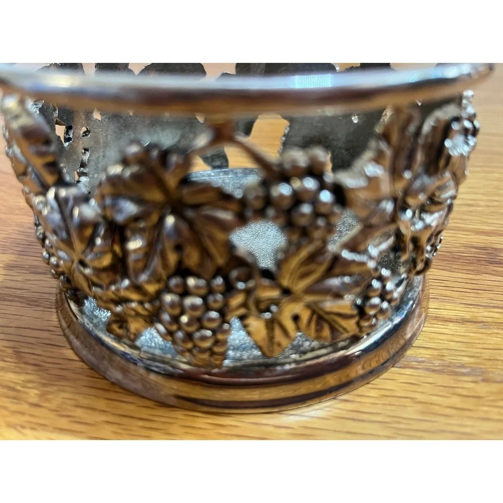 Vintage Silver plate Wine bottle Coaster Holder Grape/Leaves Pattern